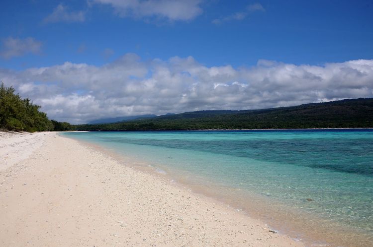 A white sand beach and turquoise water on Jaco Island with the forested Lautém coast behind