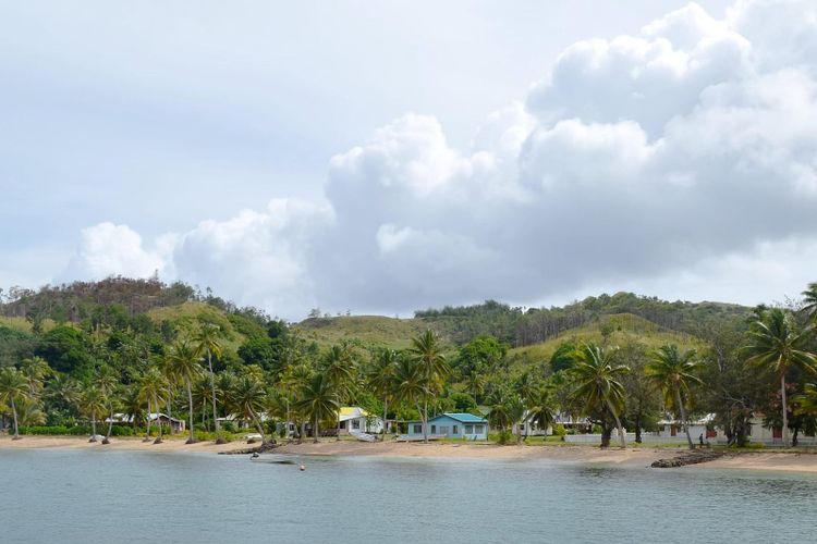 Palm trees, small houses and boats pulled up on a sandy beach beside calm water, green hills behind