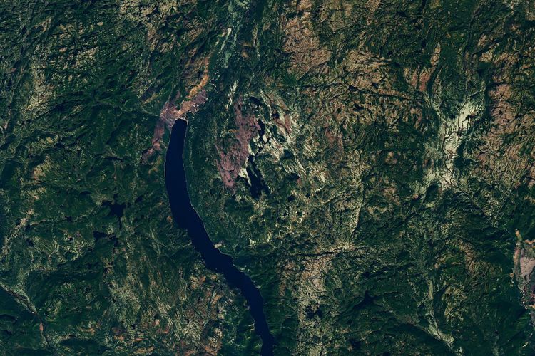 Satellite view of a faint circular depression in green boreal forest dotted with lakes