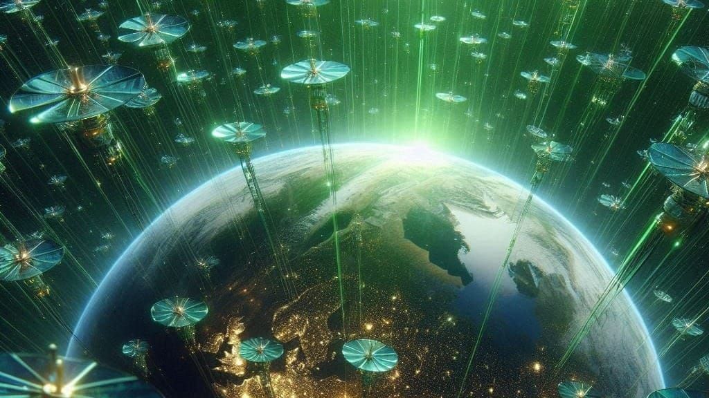 An AI Generated Image of a bunch of green satellites in orbit around Earth beaming down green light
