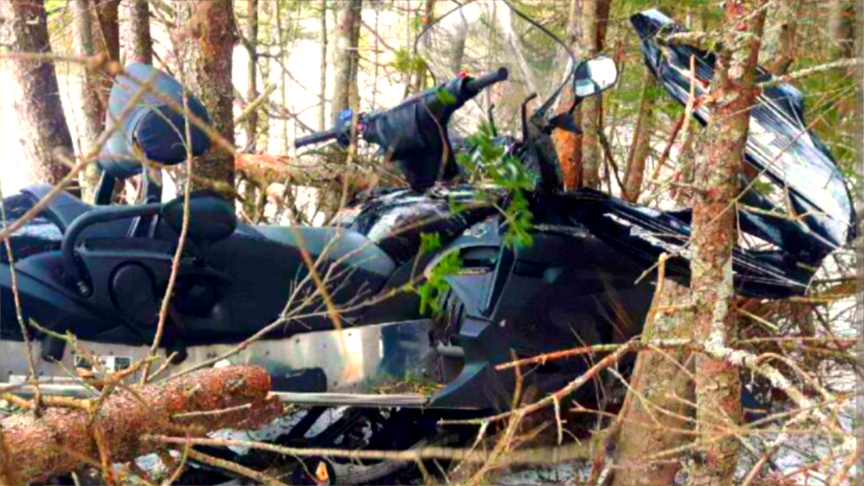 A crashed snowmobile 