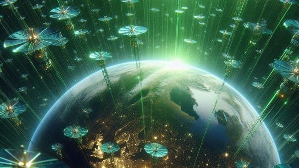 An AI Generated Image of a bunch of green satellites in orbit around Earth beaming down green light