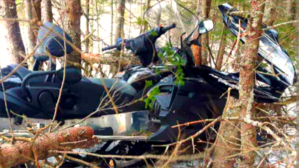 A crashed snowmobile 