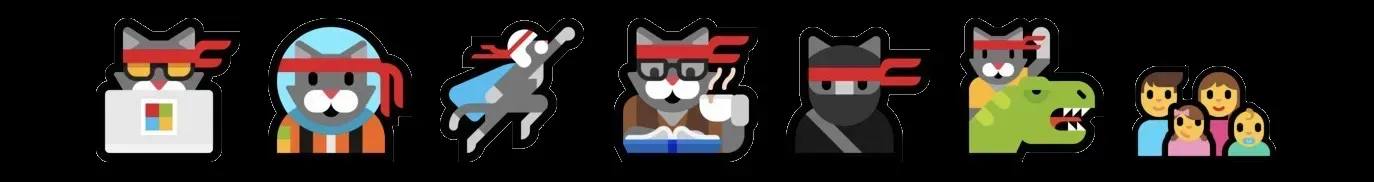 Hacker Cat, Astro Cat, Stunt Cat, Hipster Cat, Ninja Cat, Dino Cat, and a custom family emoji from Microsoft