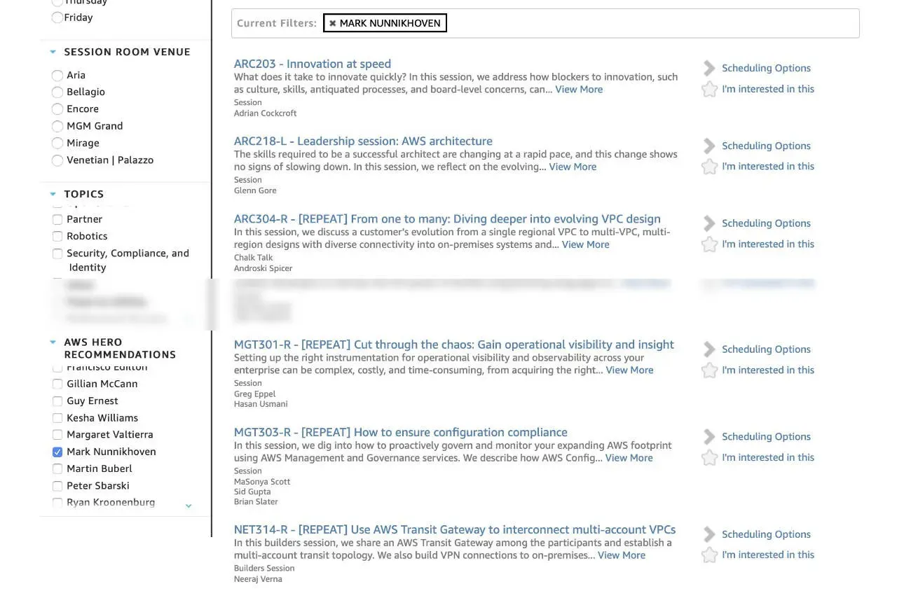 Easily flag and book sessions that are recommend by AWS Heroes using the filter on the bottom left