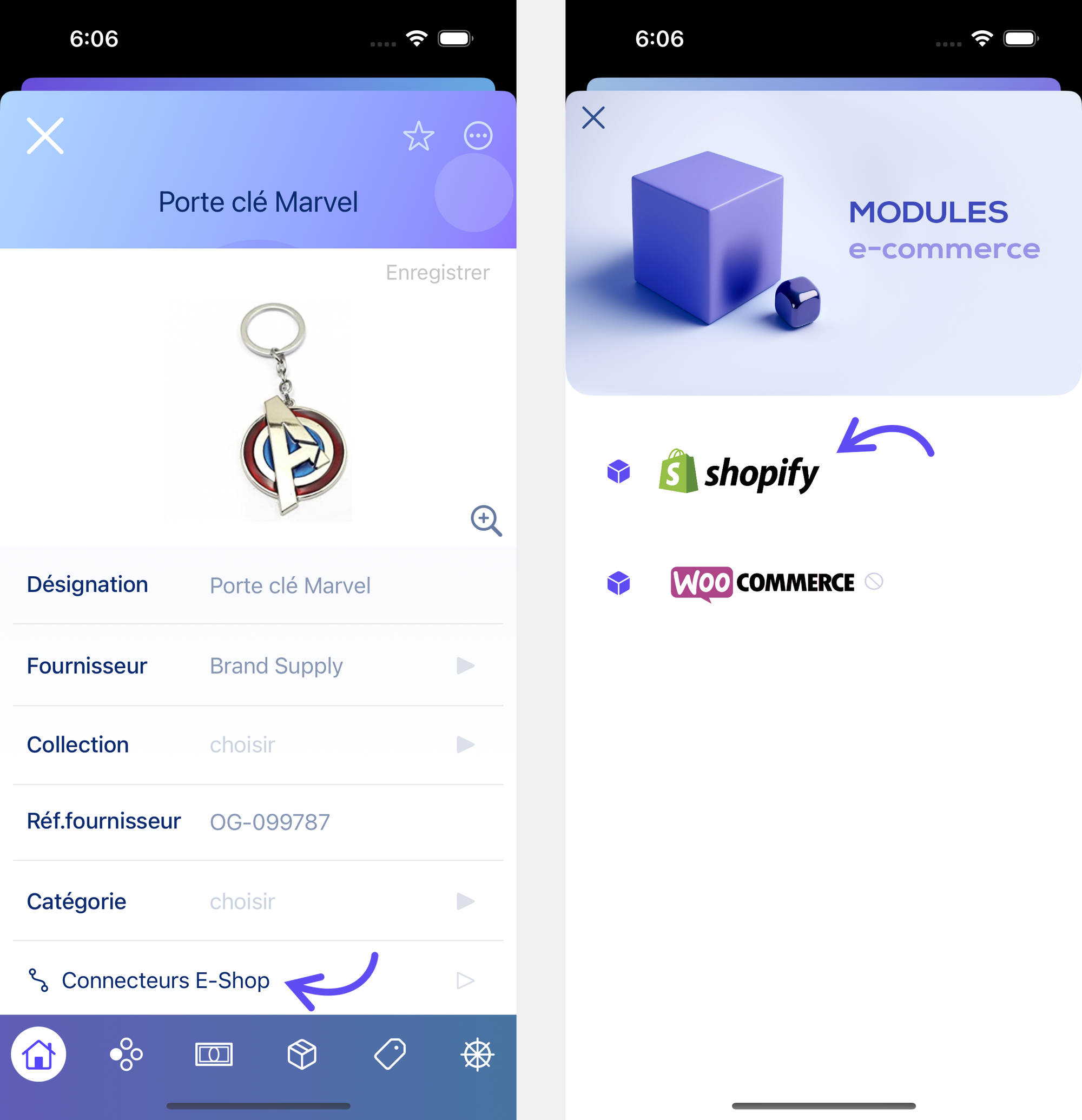 Menu connecteurs E-Shop de la fiche produit