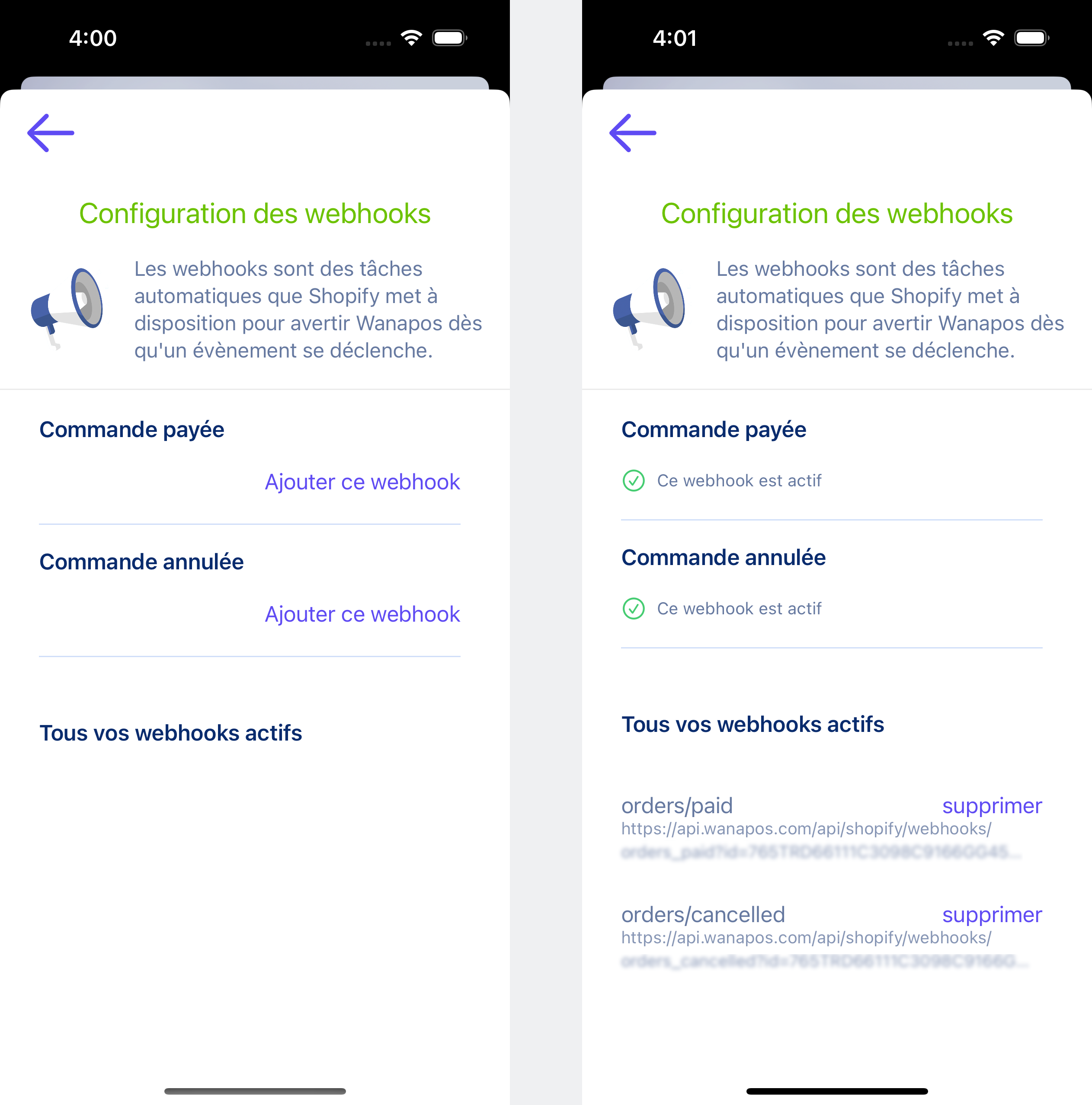 ajout des webhooks (automatisation)