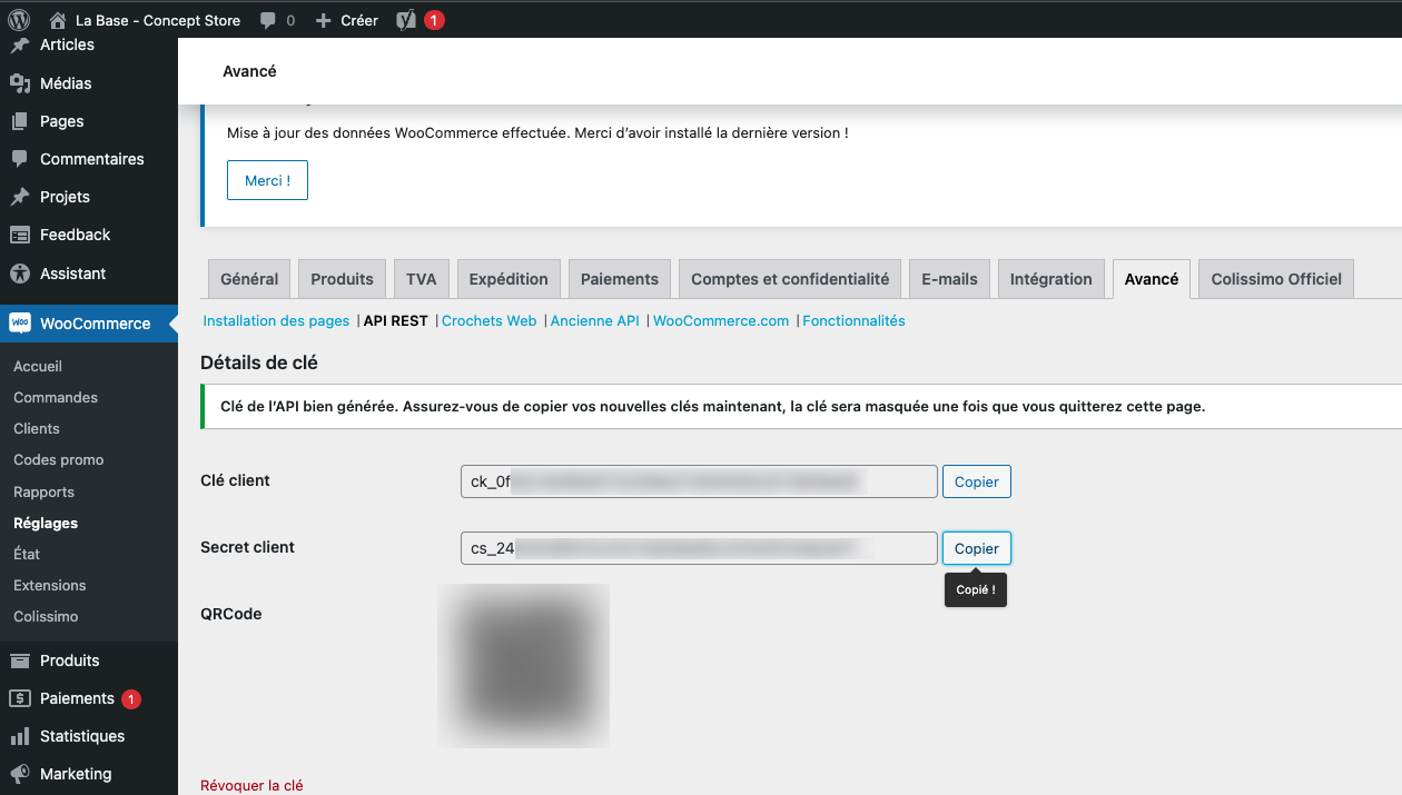 Génération des clés API
