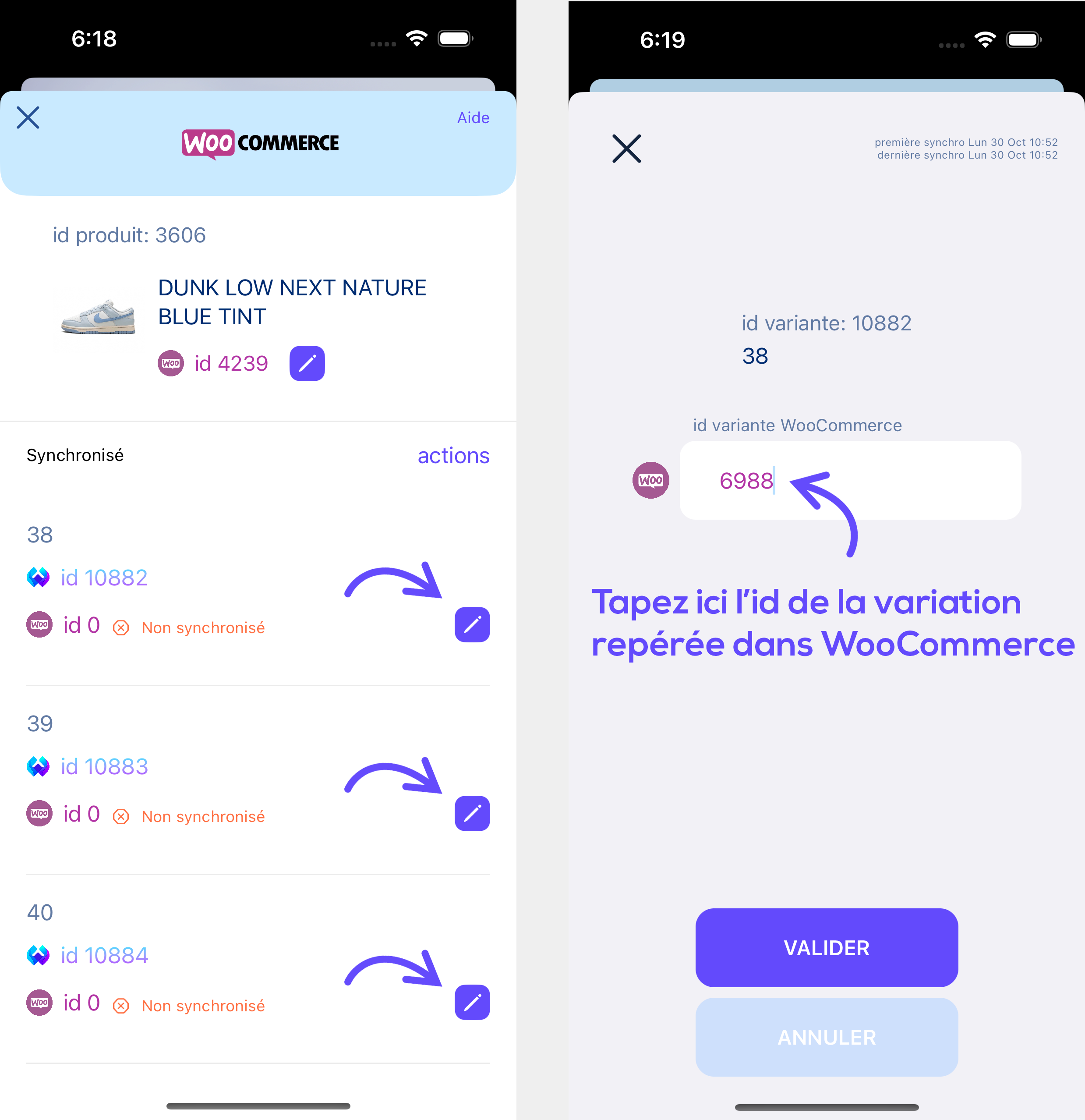 Association de l'id de la variation WooCommerce dans Wanapos