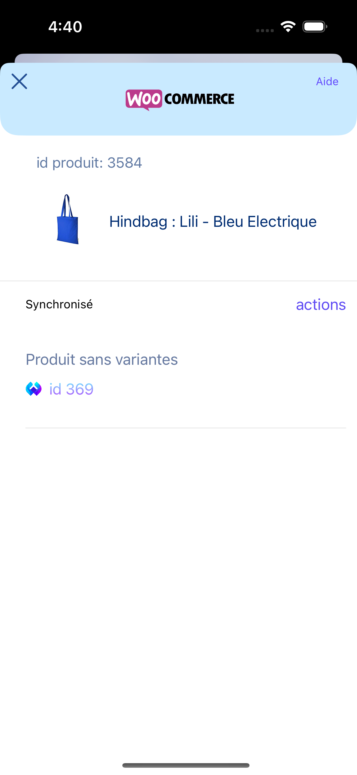 Appercu d'un produit synchronisé avec l'API WooCommerce