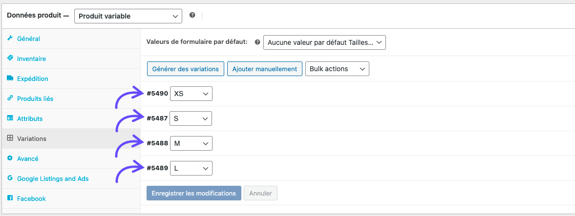 repérage des id associés à chaque variation dans WooCommerce