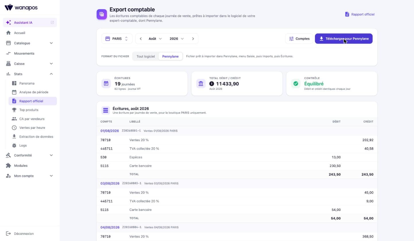 Écran de l'export comptable Wanapos, format Pennylane