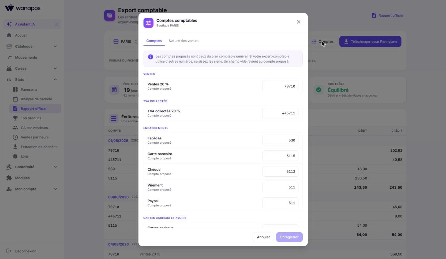 Réglage des comptes comptables dans Wanapos