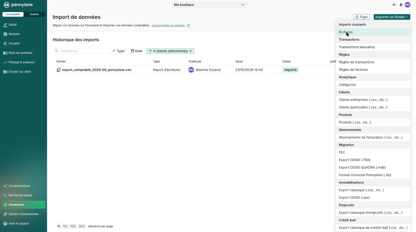 Importer un fichier, choix Écritures, dans Pennylane