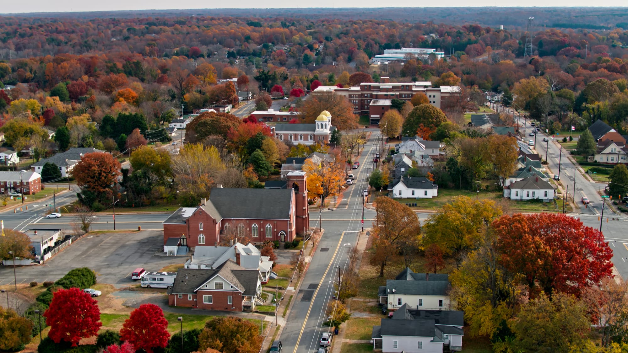 Aerial shot of Winston-Salem, North Carolina on a cloudy day in Fall