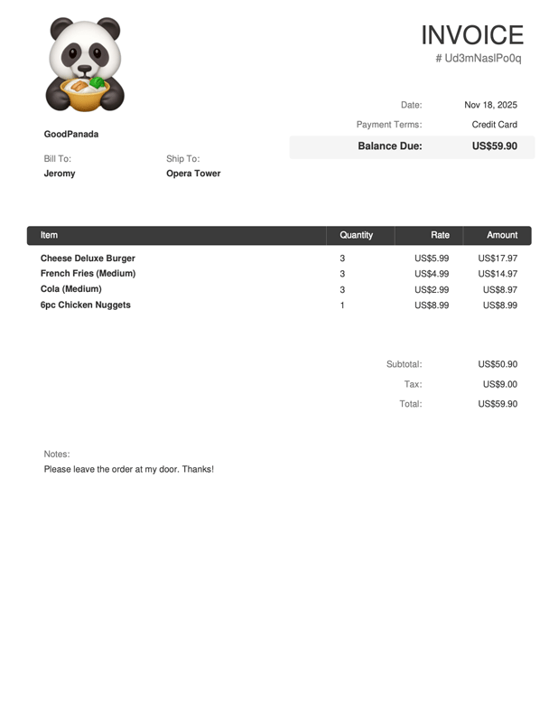 A sample PDF of the food delivery invoice contains the customer’s name, order ID, and the items ordered.