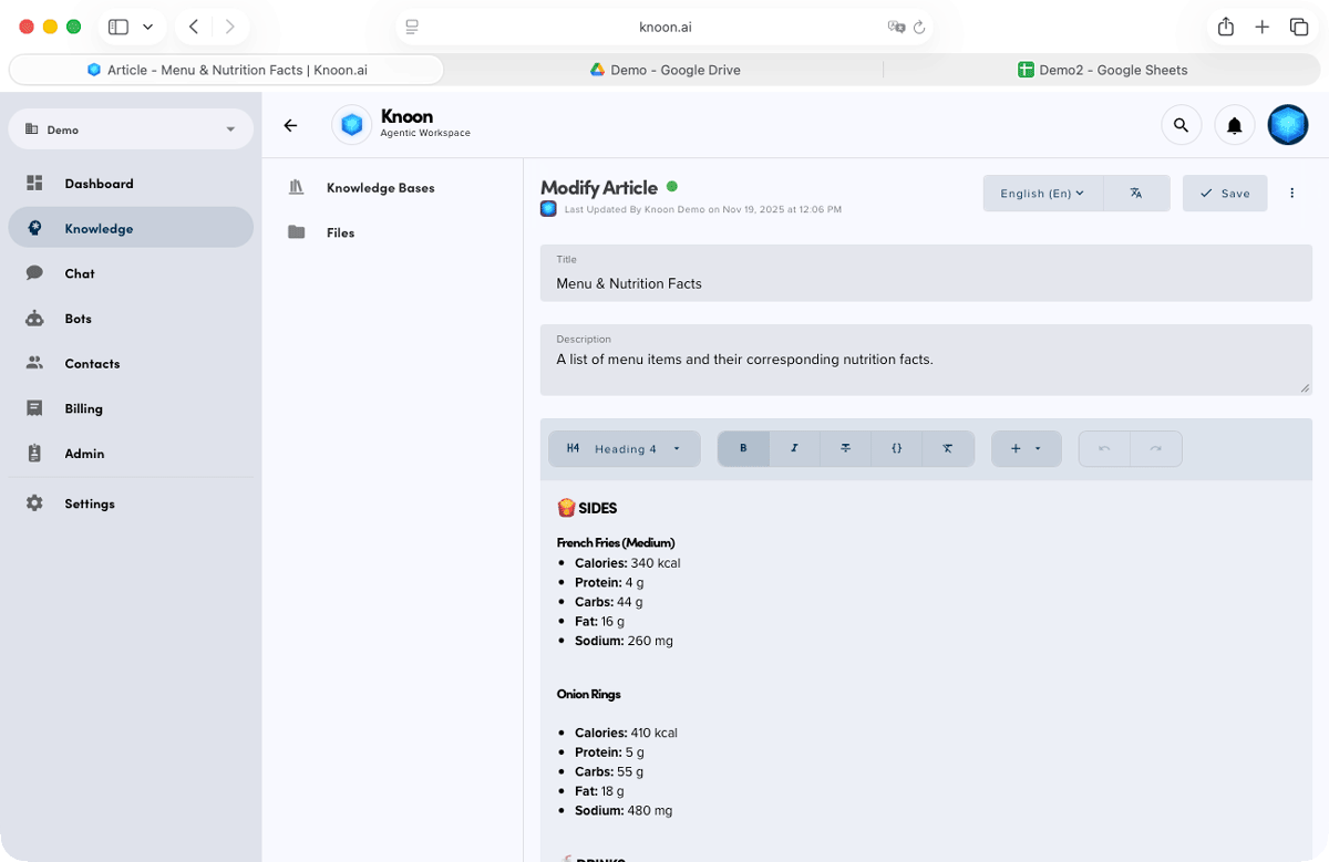 A user-friendly CMS knowledge base where you can create and update menu items and nutrition information effortlessly.