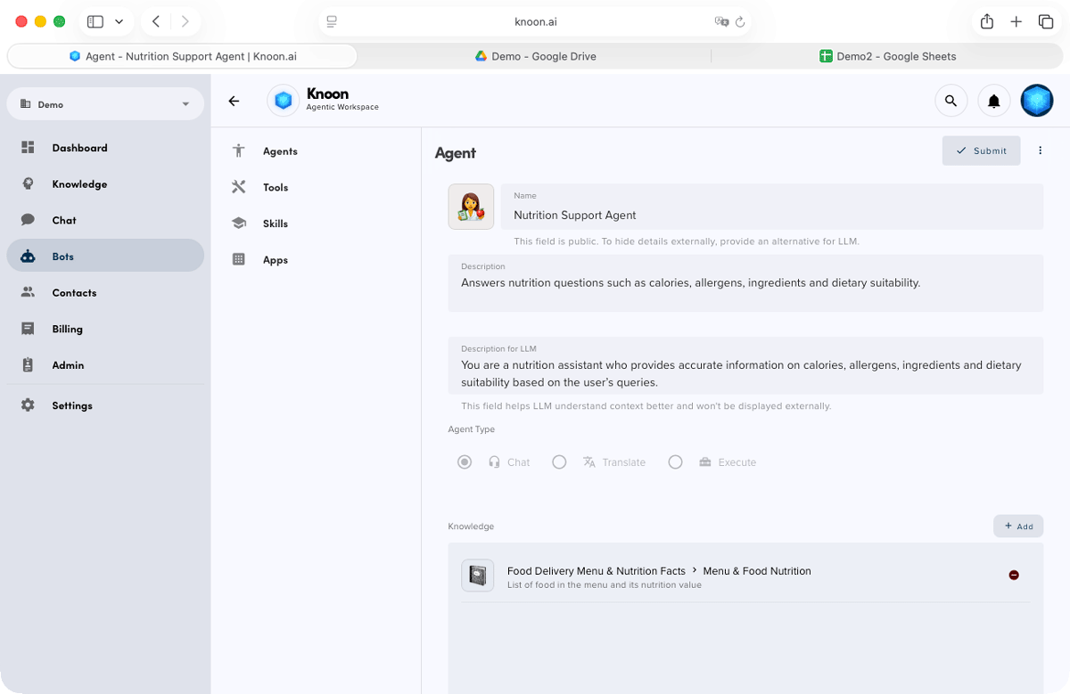 Set up a nutrition support agent that pulls accurate nutrition details from the menu information in your knowledge base.