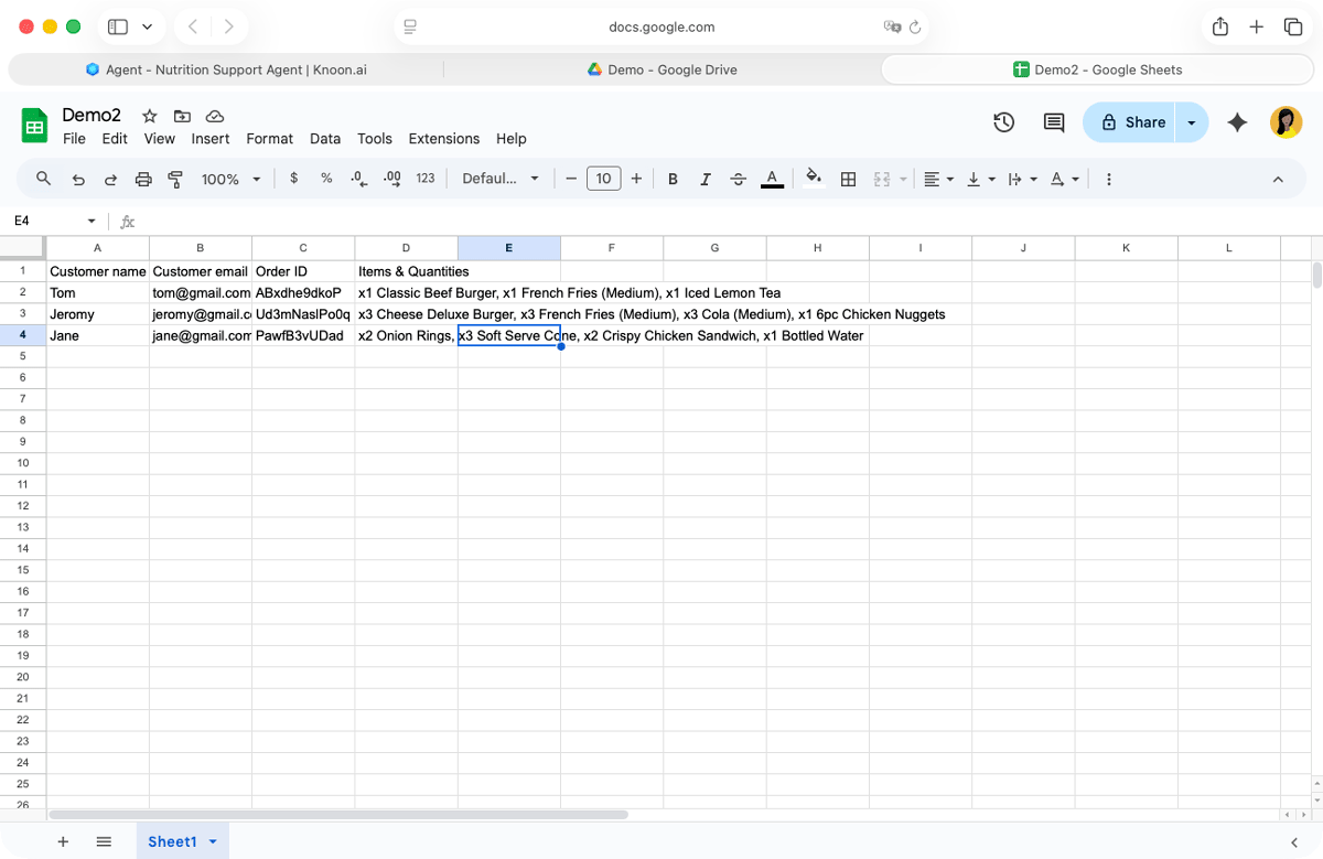 A sample “Sheet1” from the Google Sheets file containing customer order details, used as a lightweight database.