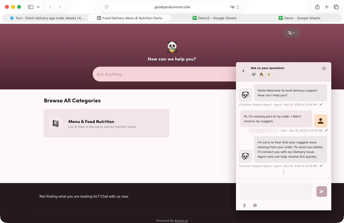 Knoon’s primary support agent intelligently routes the conversation to the delivery issue agent for specialised handling.