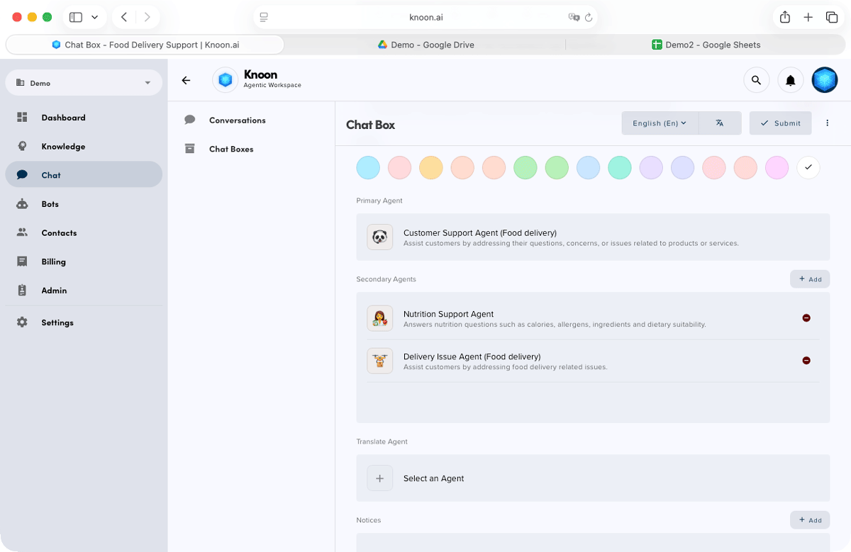 Set up your chatbox by assigning both the primary agent and the specialised secondary agents.
