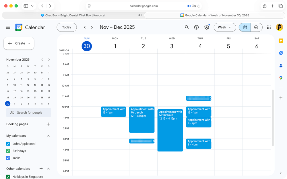 In Google Calendar, the user has two appointments booked: one on Tuesday, 2 December, and another on Thursday, 4 December.