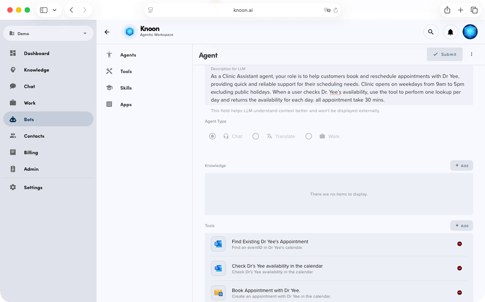Attach the Google Calendar tool to an agent in Knoon.