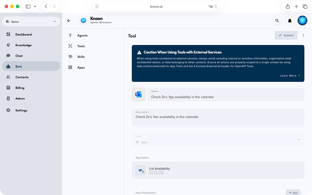 Create a Outlook Calendar tool in Knoon easily.