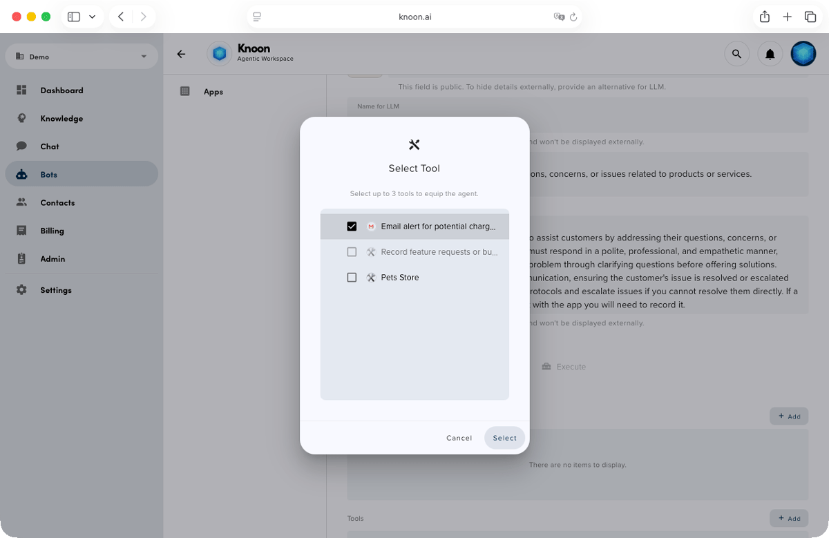 Attach SMTP tool to an agent in Knoon.