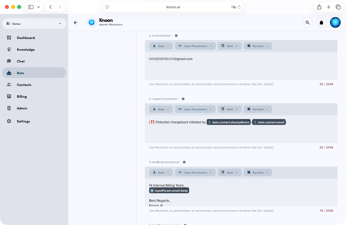 Configure the recipient email, subject line and email body content.