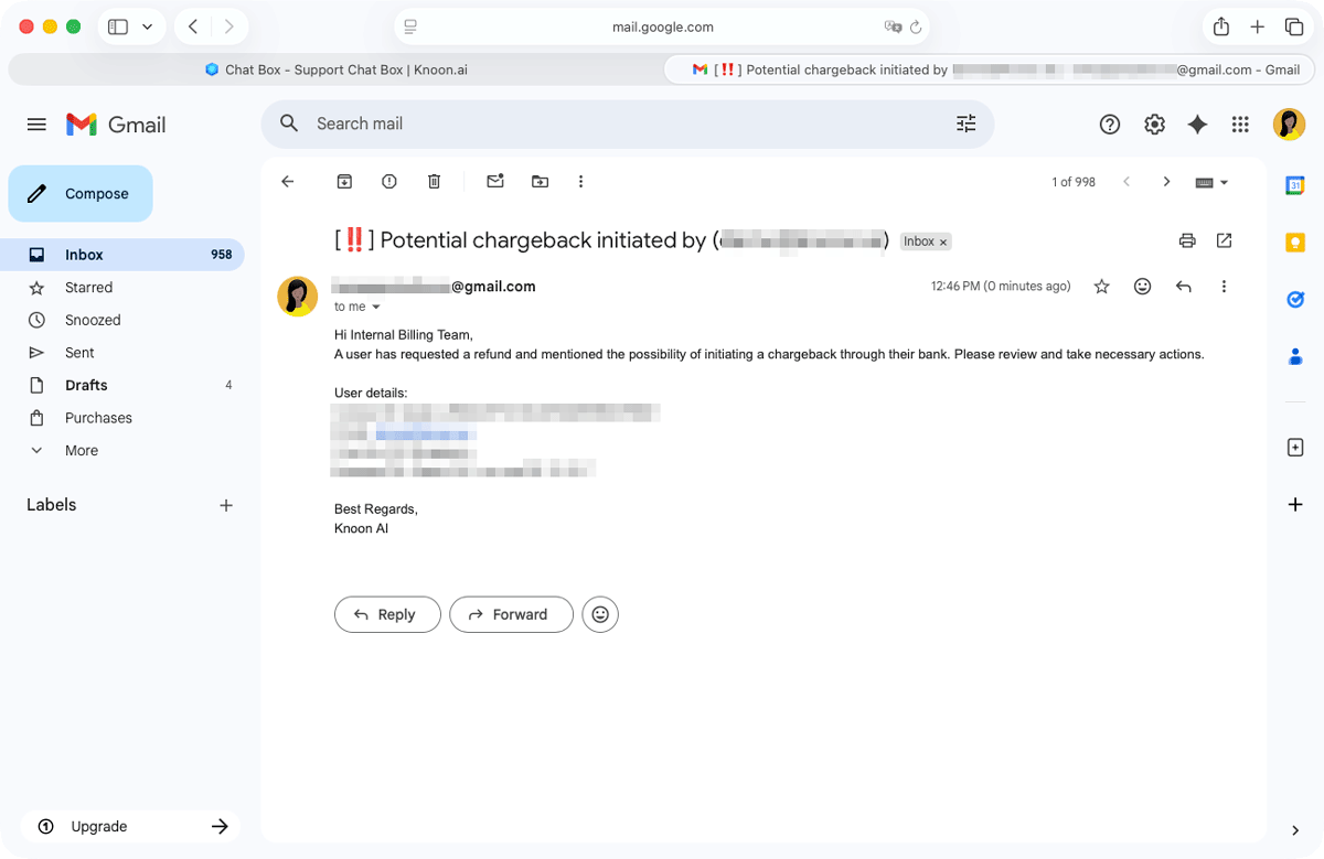 The potential chargeback triggered the agent to activate the SMTP tool and send an email to the billing team’s Gmail inbox.