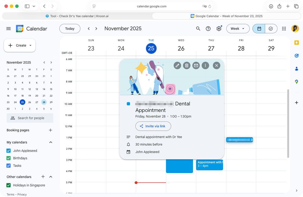 The 1 PM Friday appointment has been successfully added to Dr. Yee’s Google Calendar.