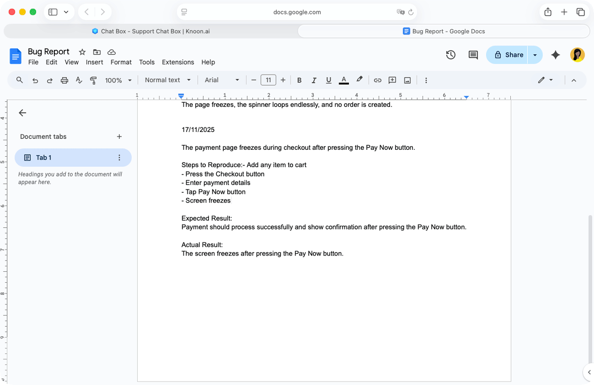 The bug report has been successfully appended to the Google Docs document.