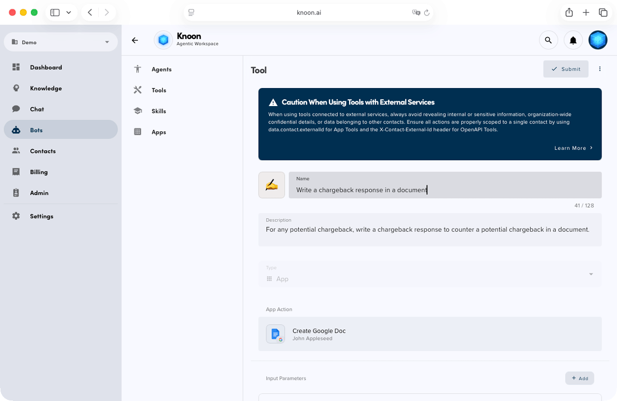 Creating a Google Docs tool in Knoon. For example, this tools generate a chargeback response in Google Docs.