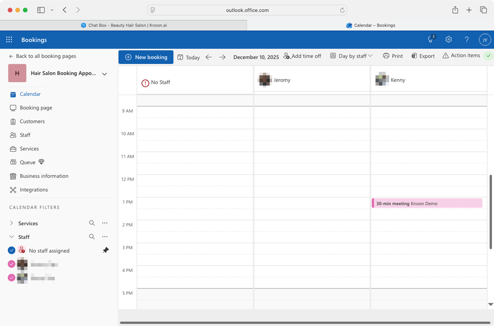 The 1 PM Wednesday appointment has been successfully added to Kenny’s Booking/Outlook Calendar.