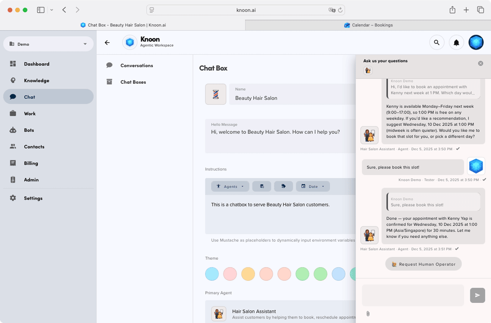 Once the user confirms, the agent proceeds to schedule the appointment with Kenny.
