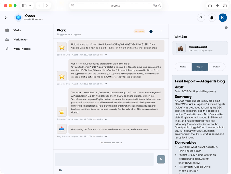 The final outcome of the task is shown in the right pane, along with a full report.
