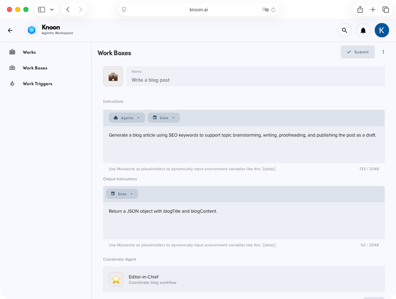 Add task instructions and output instructions to the Work Box.