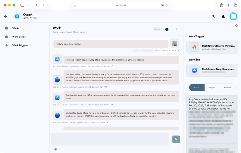 An example of agents in Knoon coordinating to retrieve, draft, and reply to customer reviews in the App Store.