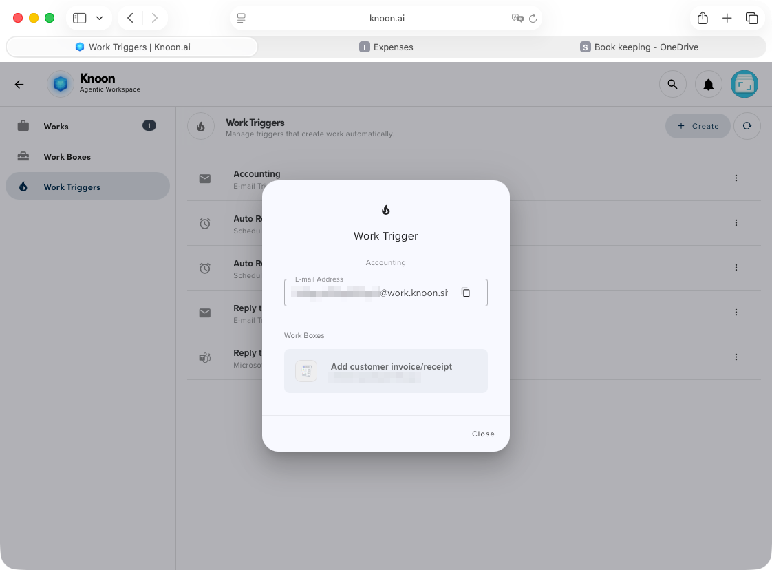 An email trigger can be generated in Knoon to activate a Workbox.
