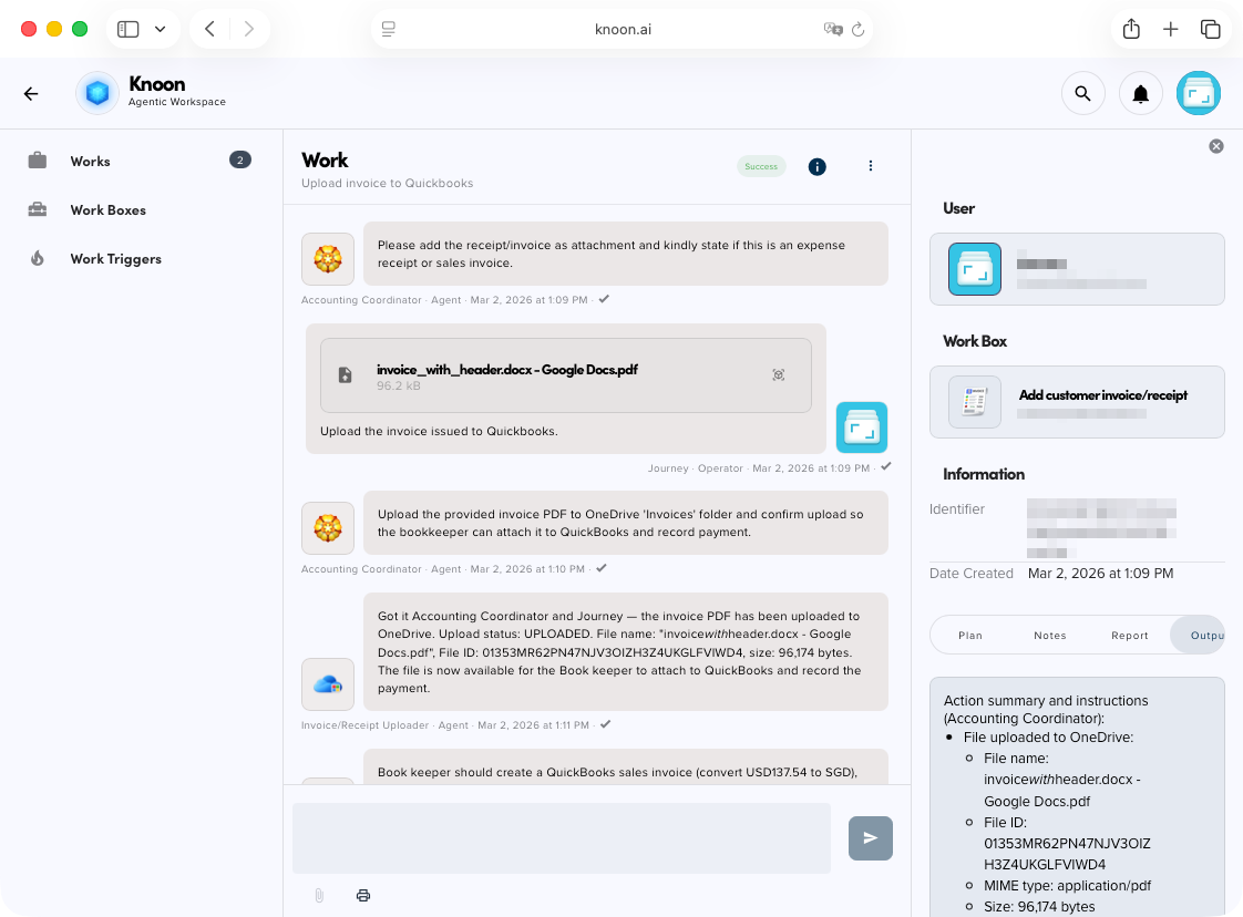 A preview of the work session where agents work together to record the invoice in QuickBooks and store it in OneDrive.