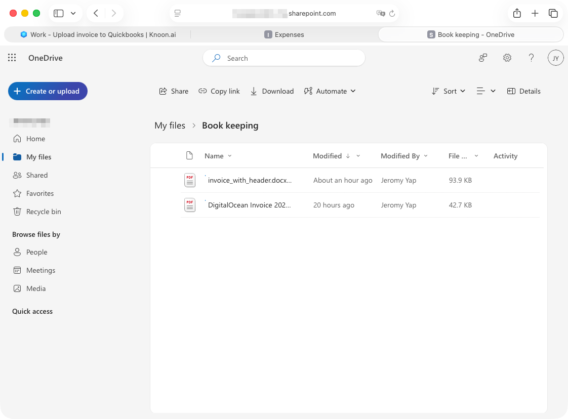 The invoice and receipt have been successfully uploaded to the OneDrive folder.