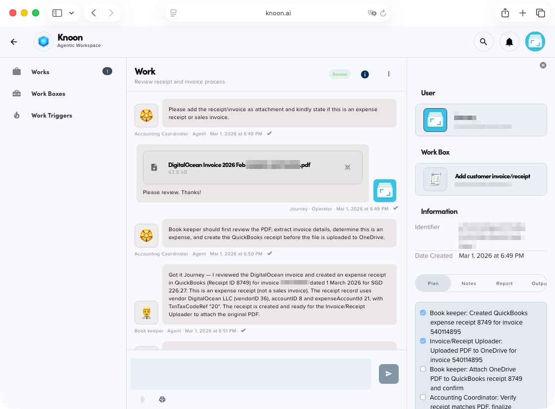 A preview of the work session where agents work together to record the receipt in QuickBooks and store it in OneDrive.
