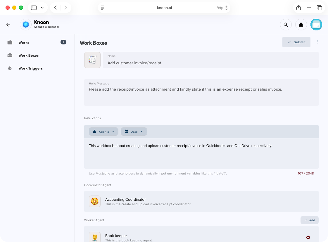 A bookkeeping workbox with accounting coordinator agent, book keeping agent and OneDrive uploader agent.