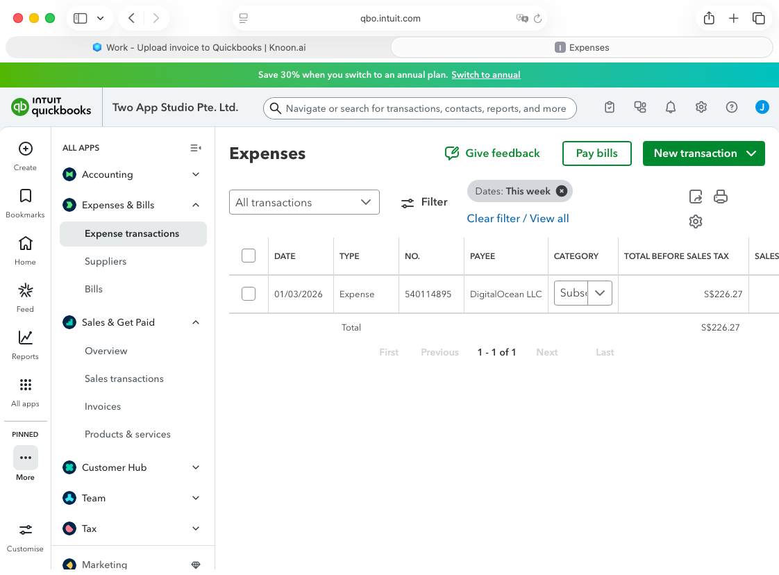A new expense has been successfully recorded in QuickBooks.