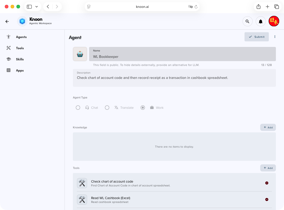 Simply describe the agent’s role in Knoon and equip it with tools to take action. No coding required.