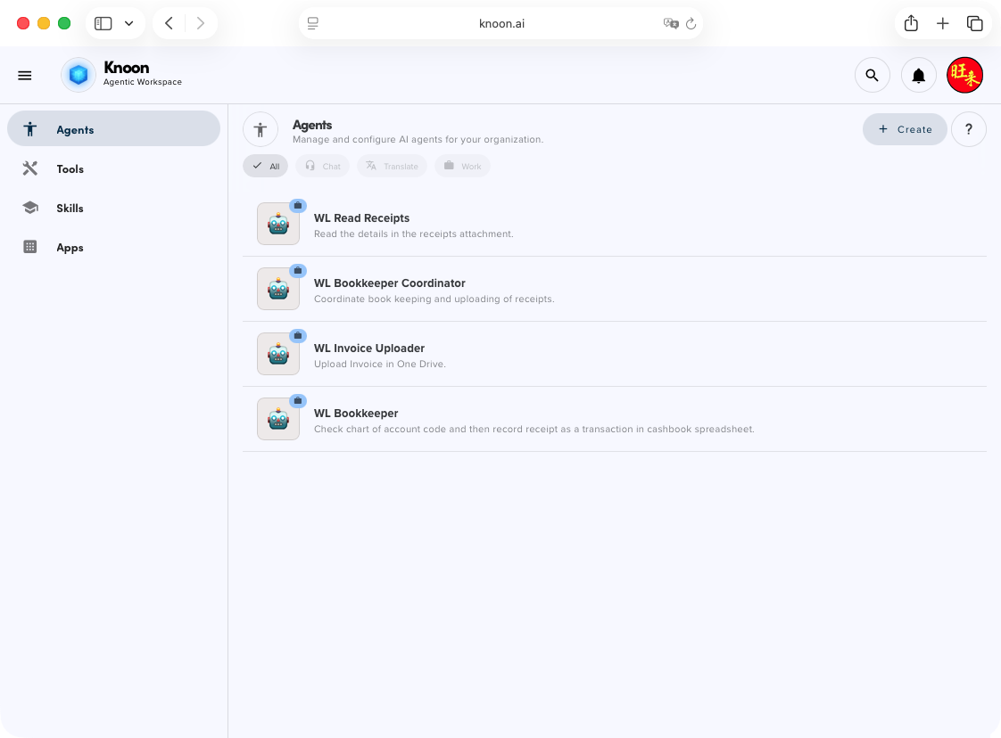 AI agents created in Knoon to automate receipt processing and bookkeeping for Wong Lye Pte Ltd.