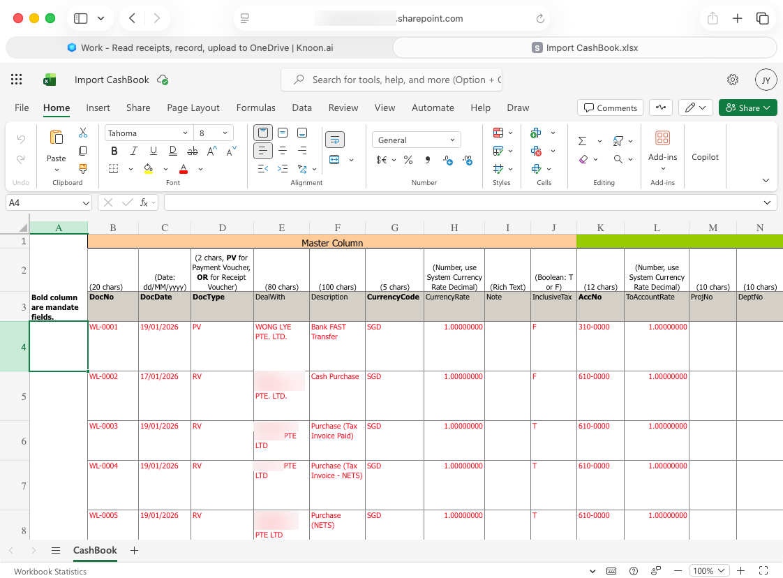 AI agents automatically record transactions in the AutoCount cashbook import spreadsheet.
