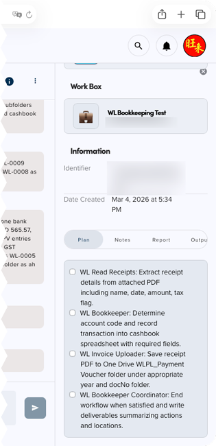 The Bookkeeping Coordinator Agent executes the plan, coordinating multiple agents to complete the bookkeeping workflow step by step.