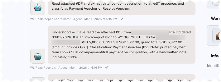 The Read Receipts Agent extracts key details from the attached receipt, including vendor, date, amount, and GST.